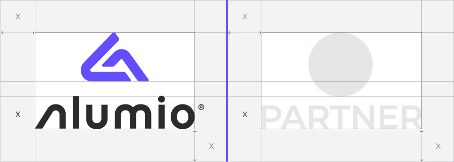 Image on the Alumio brand portal, representing the Alumio guidelines on how to represent the Alumio logo in relation to Alumio partner logos in a vertical manner.
