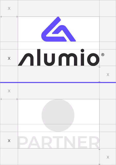Image on the Alumio brand portal, representing the Alumio guidelines on how to represent the Alumio logo in relation to Alumio partner logos in a vertical manner.