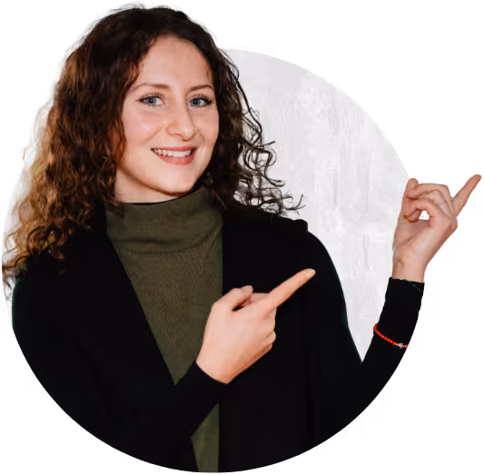 Portrait of Leonie Becher Merli, 
Business Development Representative, Alumio, point to the right with both hands -  within a white circular background. 
