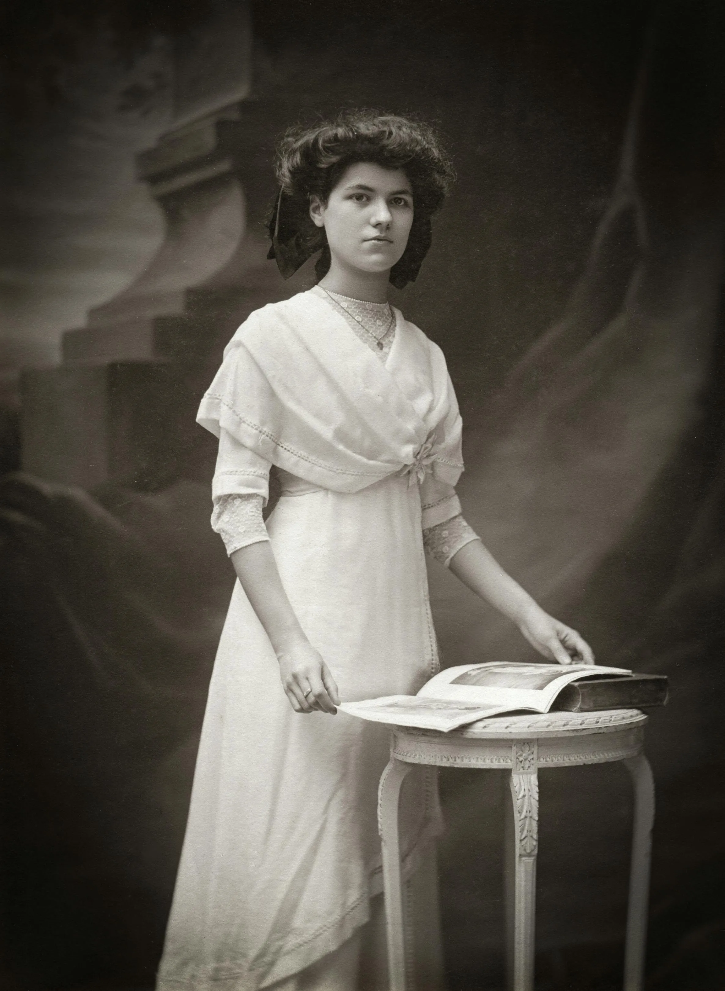 Before: an old wedding photo, scanned with fading and damage