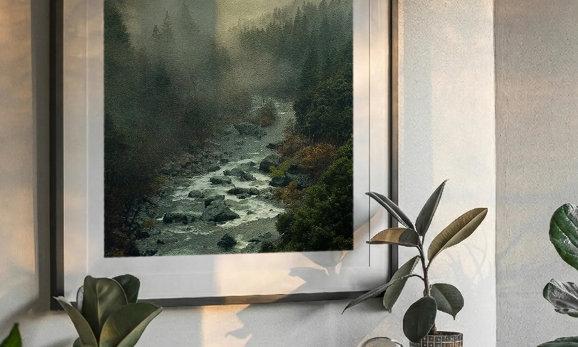 Framed photograph of a misty river flowing through a forest with rocks, hanging on a wall above potted plants.