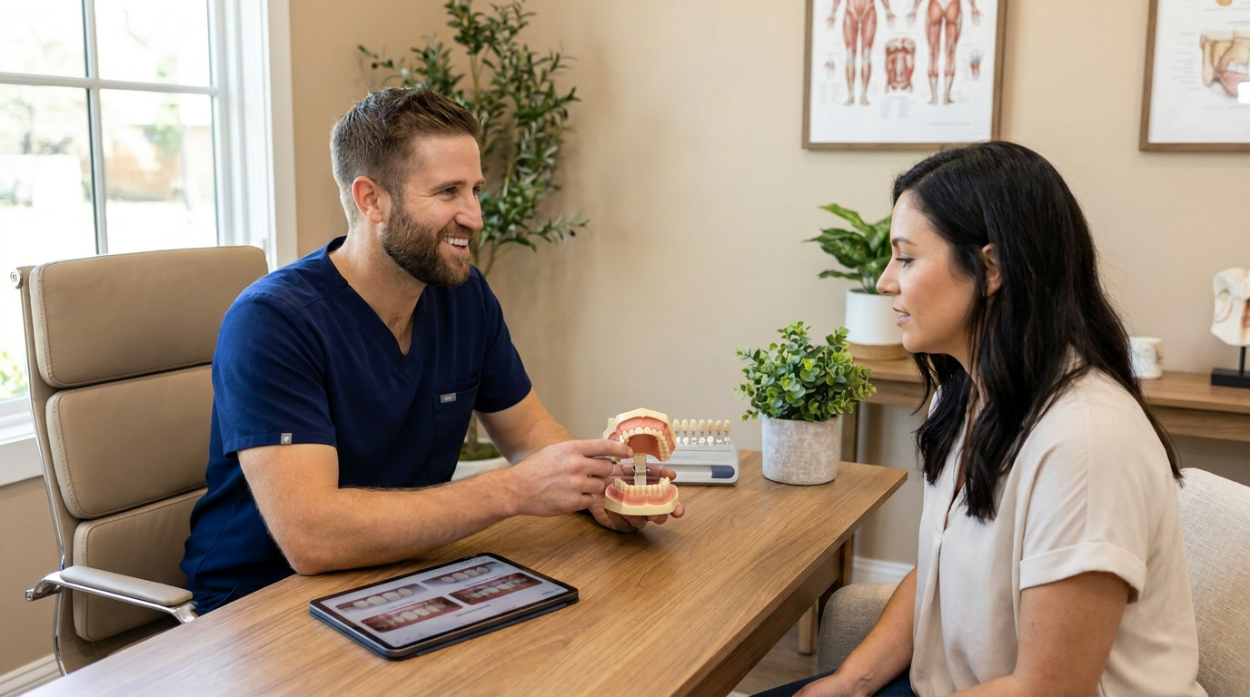 Dr. Bonner Morren talks to Kayla in a consultation room, gesturing at a 3D dental model on the desk.