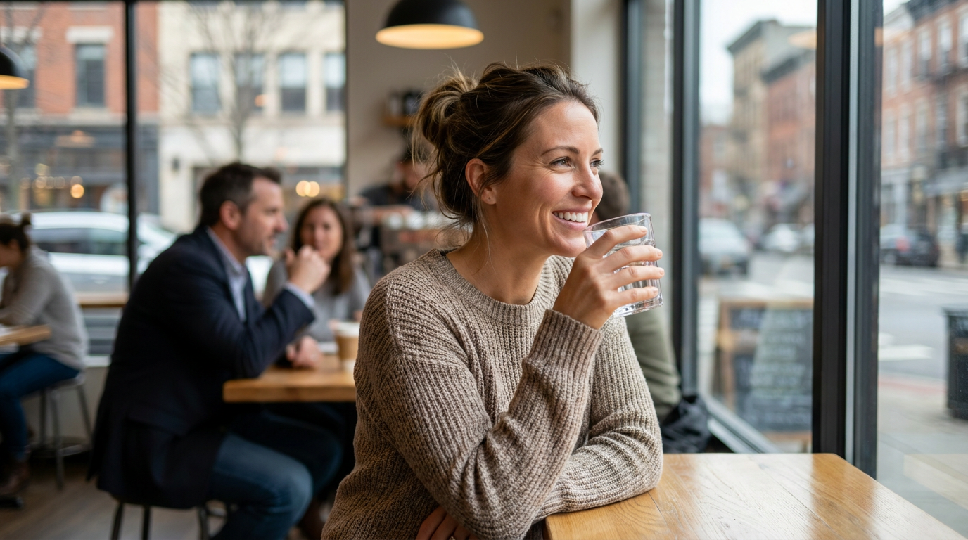 Kayla sips water, looking out a cafe window, her bright, aligned smile visible.