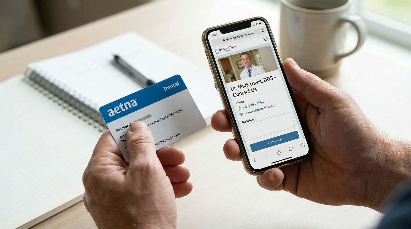 A person's hands hold an Aetna insurance card and a smartphone displaying a dental office's "Contact Us" page with a photo of Dr. Mark Davis, next to a notebook and a mug on a desk.
