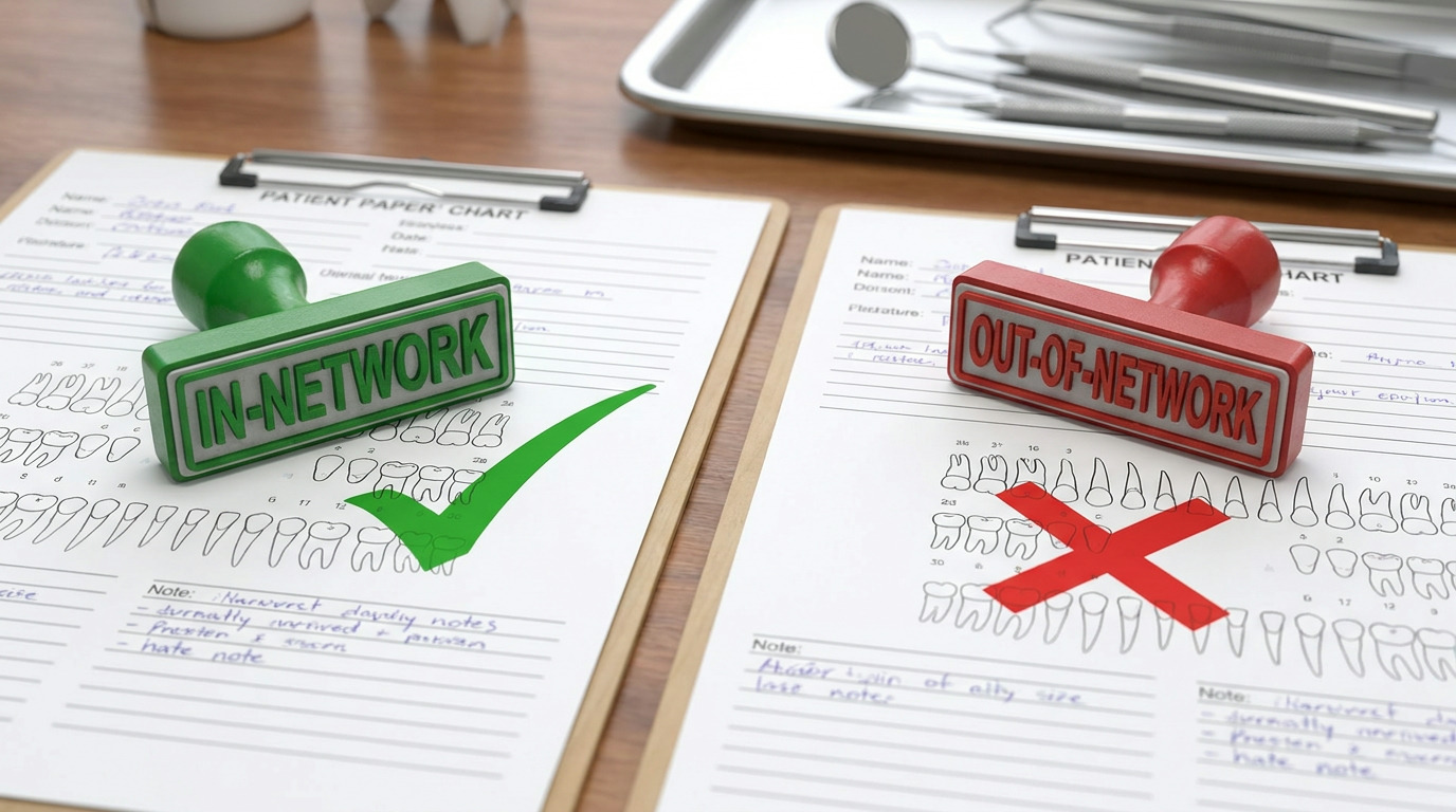 Two patient paper charts are on a wooden surface, one with a green "IN-NETWORK" stamp and a green checkmark, and the other with a red "OUT-OF-NETWORK" stamp and a red X.