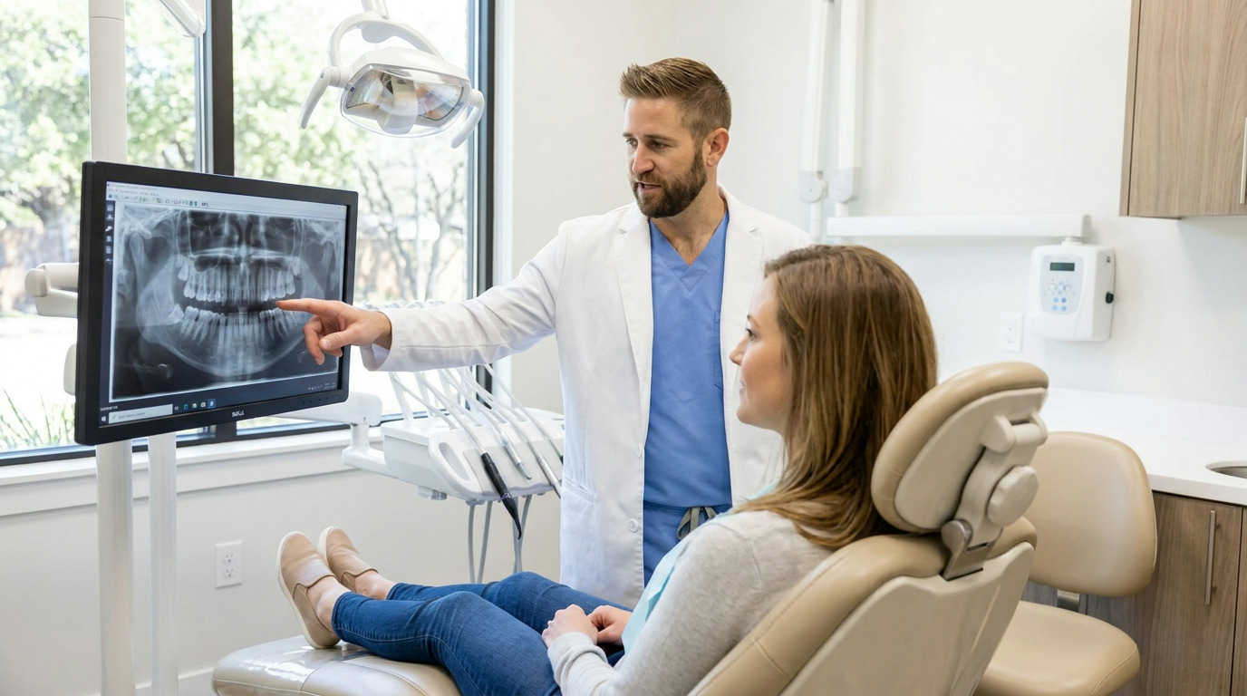 A male dentist in a white lab coat and blue scrubs points to a dental X-ray on a monitor as a female patient in a dental chair looks at him.