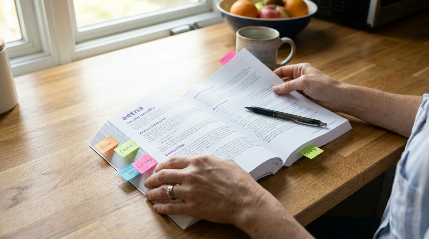 A person's hands hold an open Aetna health benefits booklet with colorful sticky notes marking pages, a pen resting on a page, on a wooden table with a bowl of fruit and a mug in the background.