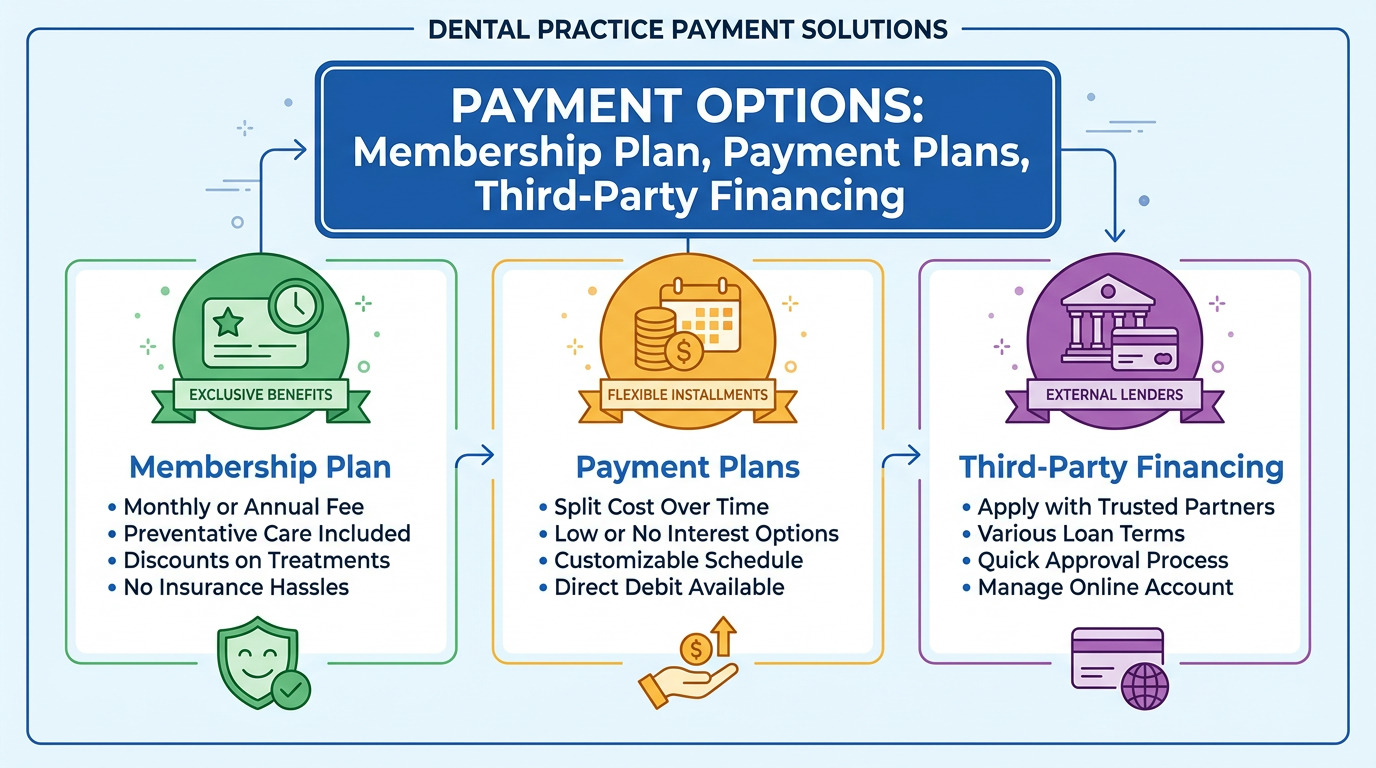 An infographic titled "Payment Options" displays three columns for Membership Plan, Payment Plans, and Third-Party Financing, each with an icon and bulleted list of features.