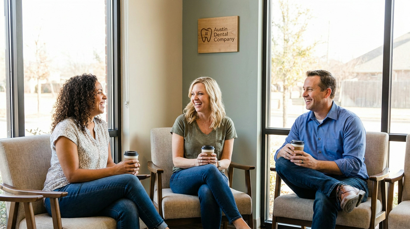 Two women and one man sit in chairs, holding coffee cups and laughing in a sunlit waiting room with a wooden sign that reads "Austin Dental Company.