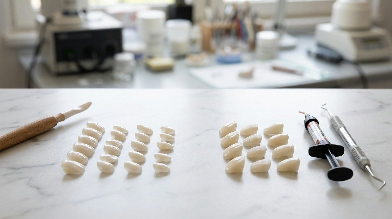Two sets of dental veneers are arranged on a white marble surface, with a wooden-handled tool on the left and a syringe and dental pick on the right, against a blurred dental lab background.