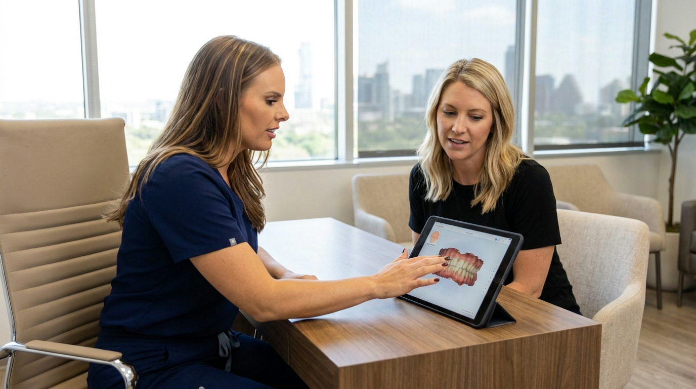 Dr. Mink, in blue scrubs, gestures at a tablet displaying a 3D dental scan to Kayla, who is seated opposite her at a desk, with a city skyline visible through a large window.