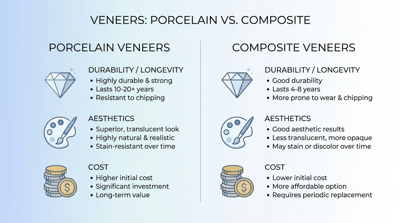 An infographic compares porcelain and composite veneers, detailing durability with diamond icons, aesthetics with paint palettes, and cost with coin stacks, each with bulleted descriptions.