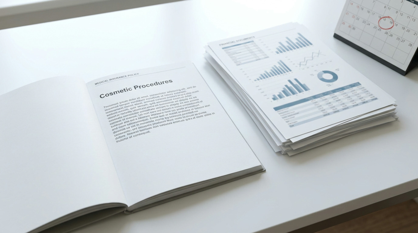 An open booklet titled "Medical Insurance Policy" with a "Cosmetic Procedures" section, a stack of financial documents with charts, and a desk calendar with a circled date are on a white desk.