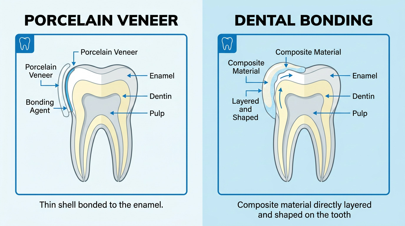 A diagram compares a porcelain veneer and dental bonding.