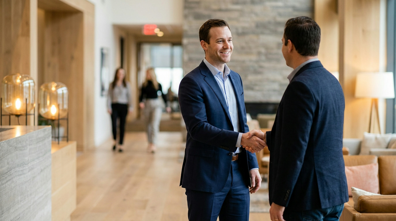 Brian, a man in a blue suit and light blue shirt, smiles while shaking hands with another man in a dark jacket, standing in a modern office lobby with two blurred people in the background.