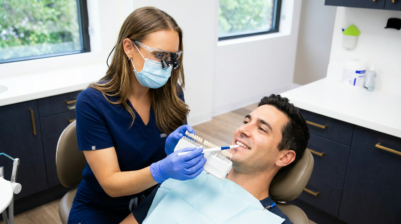 A dentist in scrubs, mask, and loupes holds a teeth shade guide to a man's open mouth in a bright dental office.