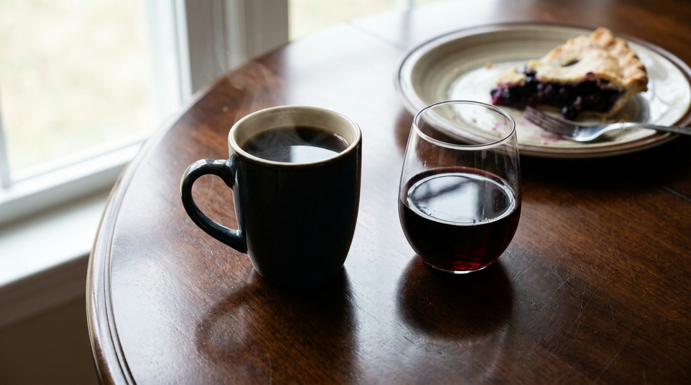 A steaming coffee mug, a glass of red wine, and a partially eaten slice of blueberry pie on a plate with a fork sit on a dark wooden table next to a window.