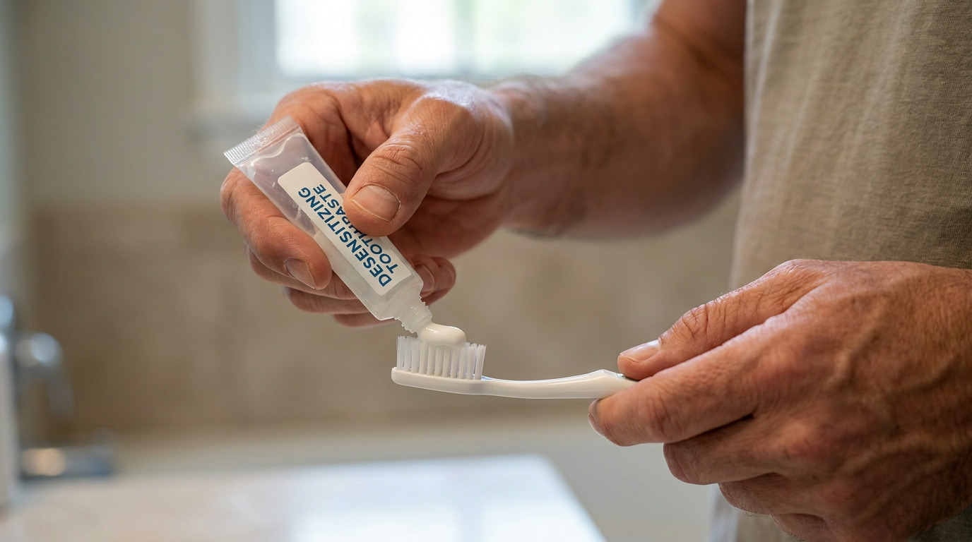A person's hands squeeze desensitizing toothpaste from a small clear tube onto a white toothbrush in a bathroom.