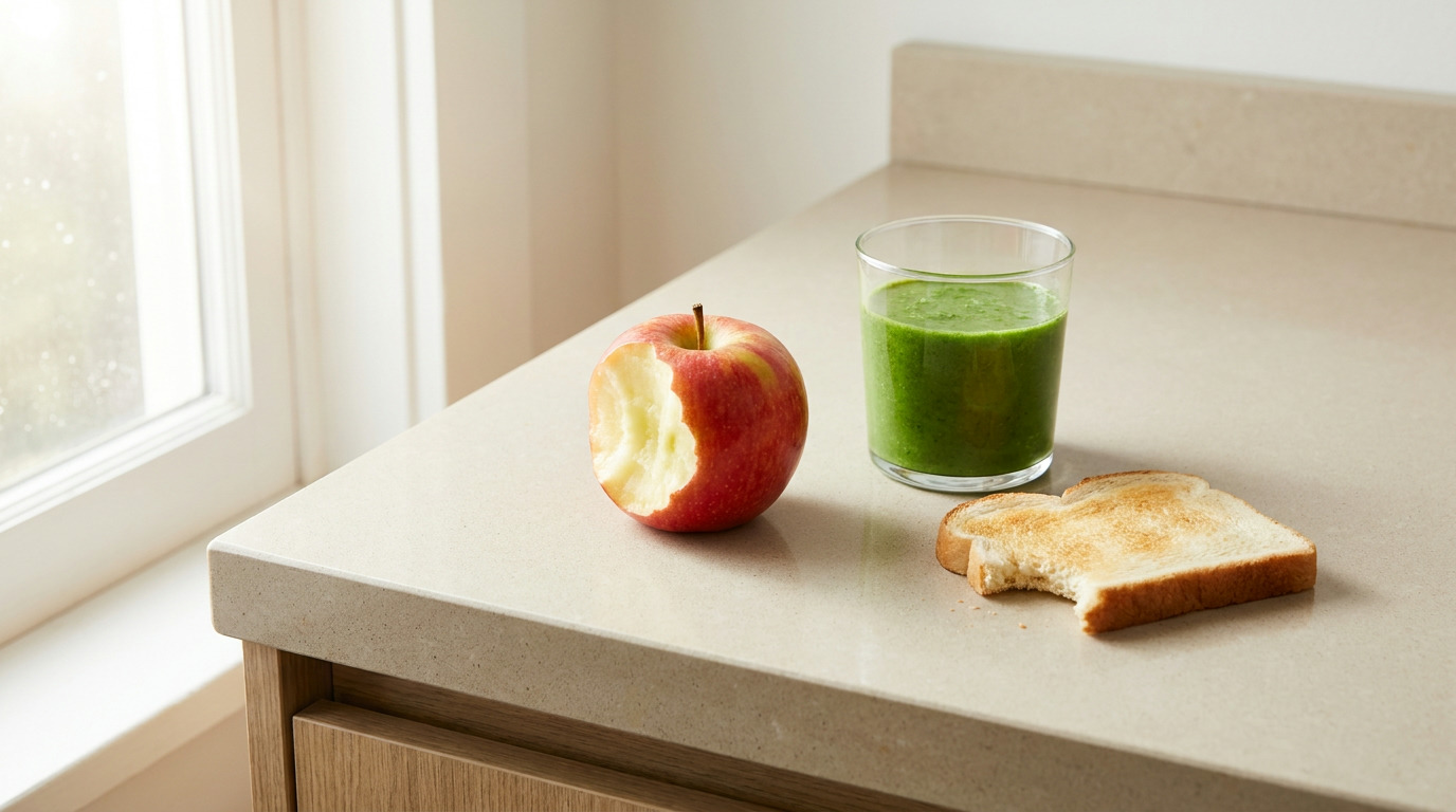 A half-eaten red apple, a glass of green smoothie, and a half-eaten piece of toast sit on a light kitchen counter next to a window.