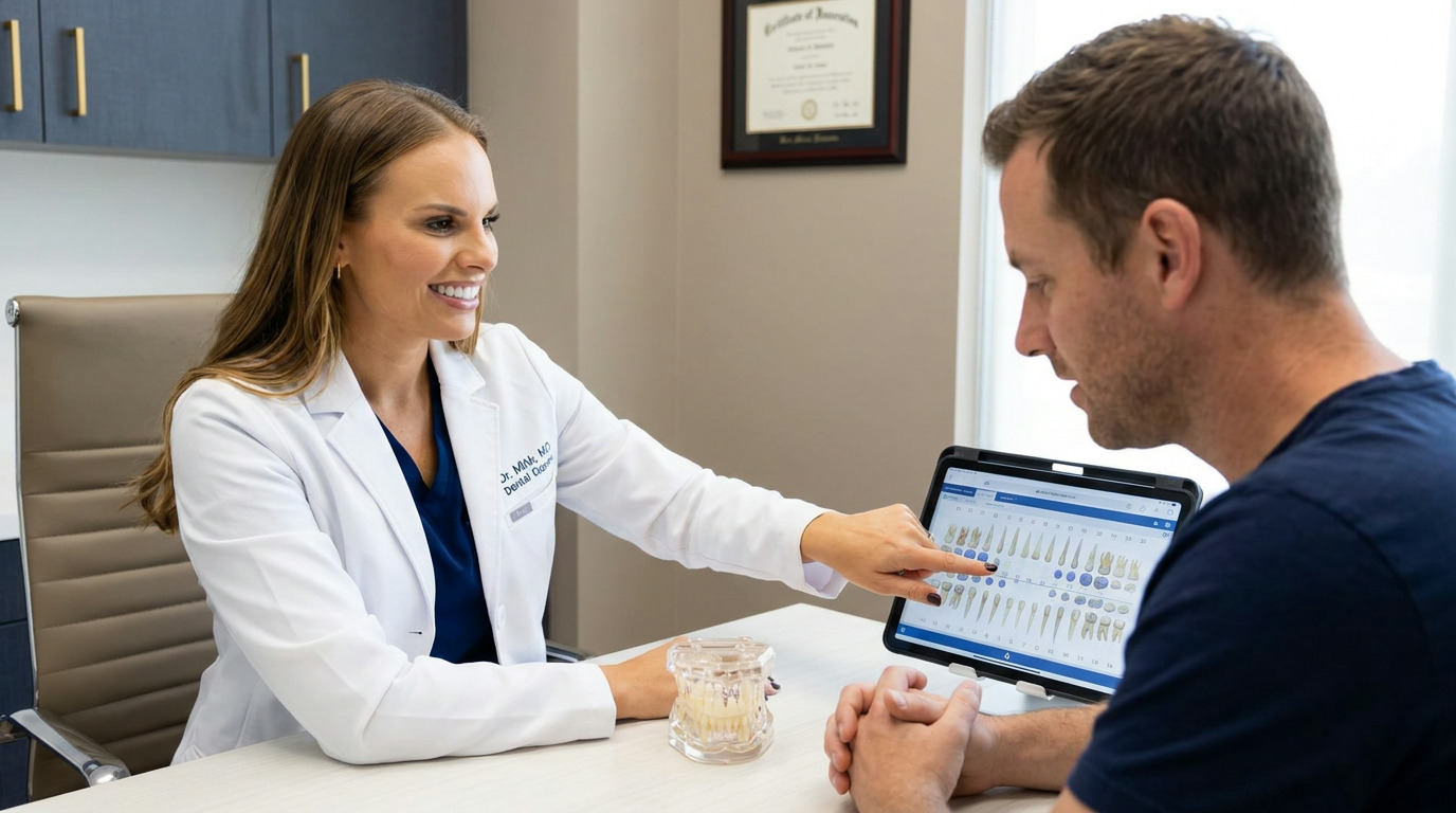 Dr. Mink, in a white lab coat, smiles while pointing at a digital dental chart on a tablet for a man in a blue shirt, with a teeth model on the table between them.