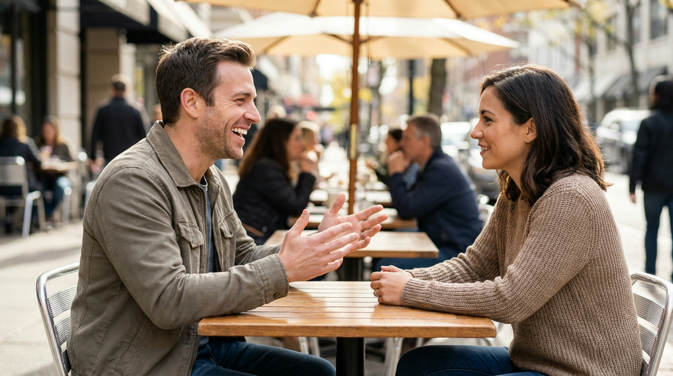 Jacob, smiling and gesturing, talks to Vanessa at an outdoor cafe table with other blurred patrons and umbrellas in the background.