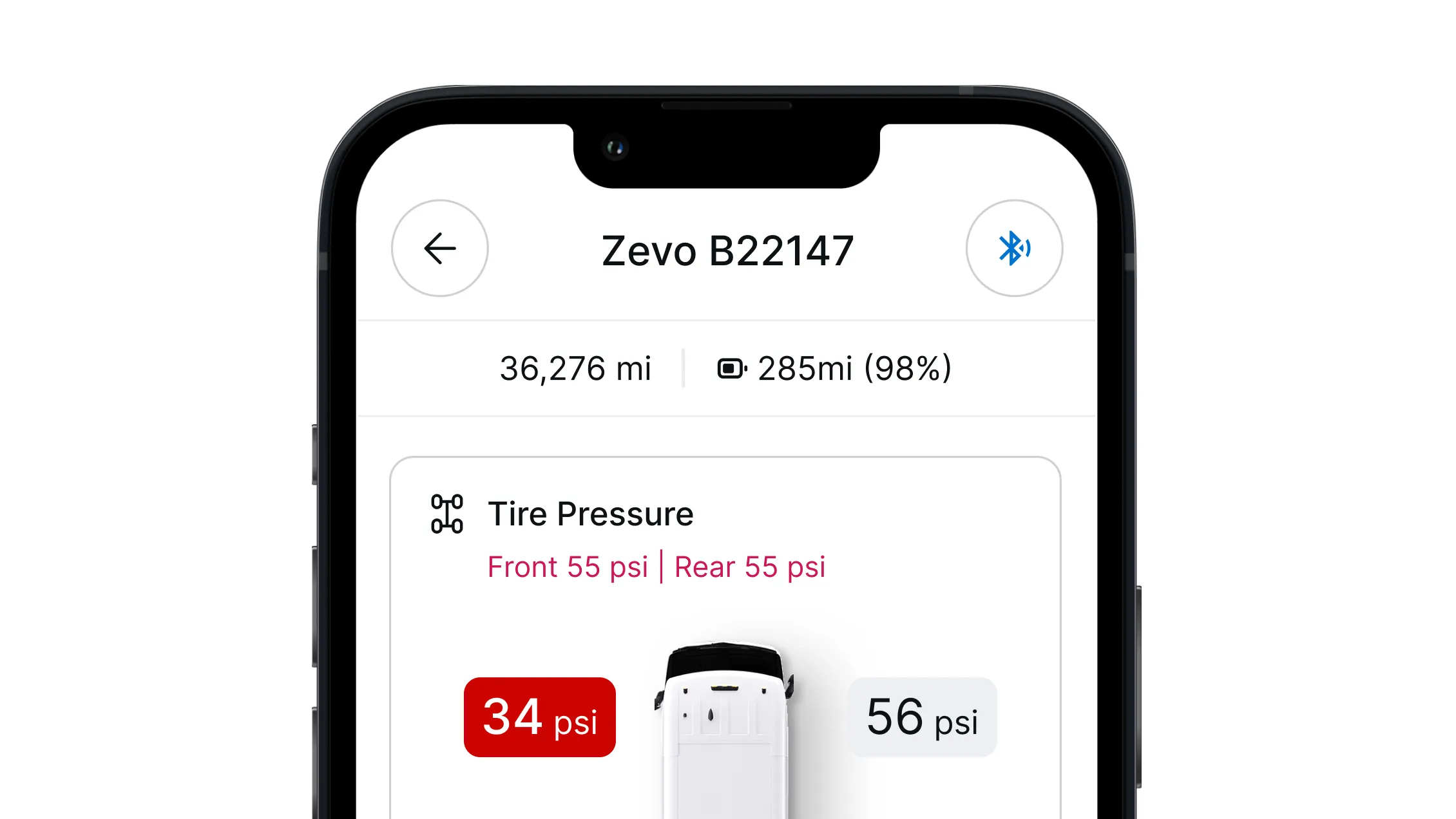 Smartphone screen showing tire pressure app for a vehicle named Zevo B22147 with front left tire at 34 psi and front right tire at 56 psi.