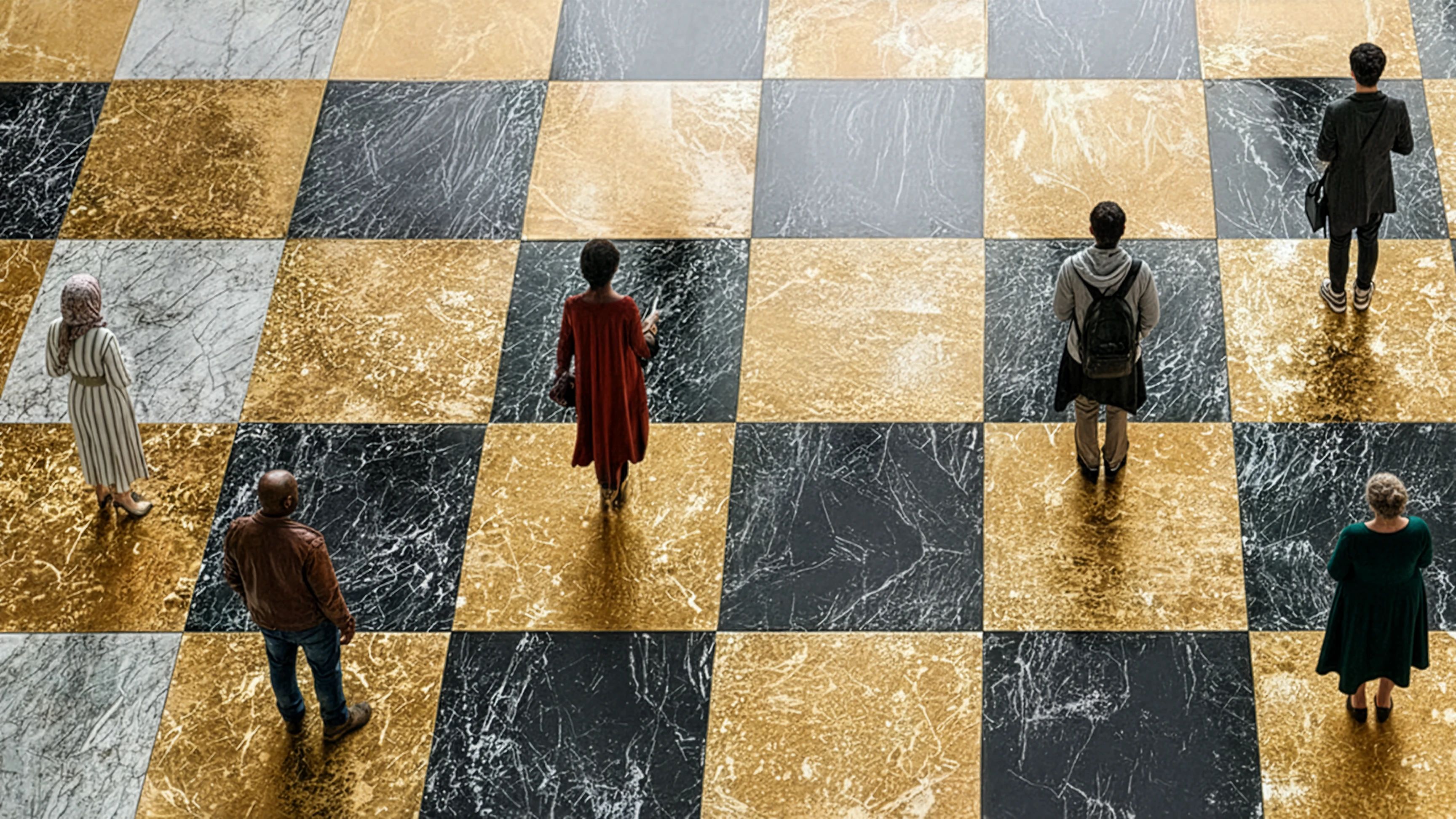 Six people standing apart on a large marble checkerboard floor with black, white, and gold squares.