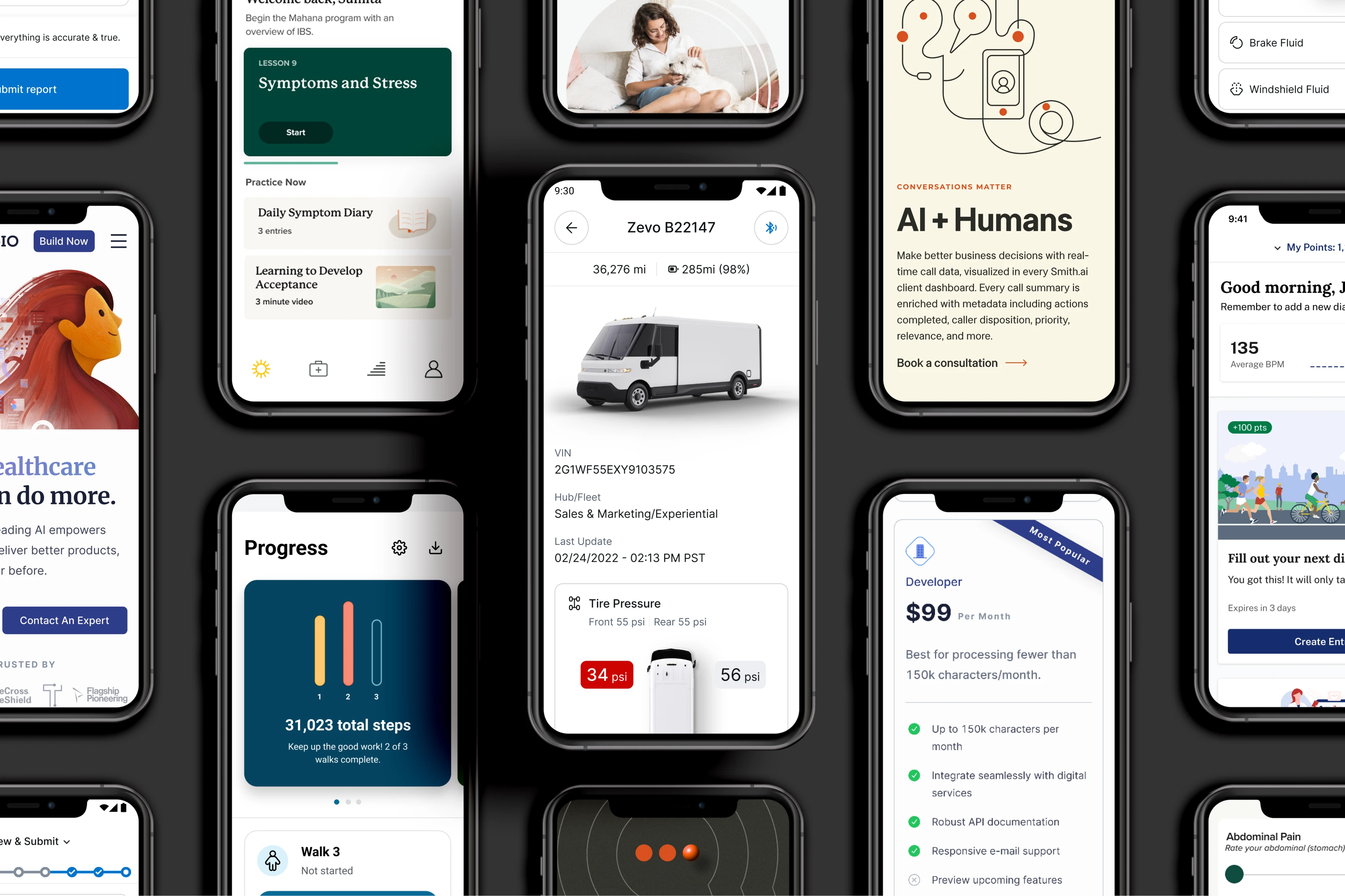 Computer screen showing ScienceIO website with text about healthcare data and AI, alongside tablet displaying Gmail Spaces interface and smartphone showing a health app diary entry.