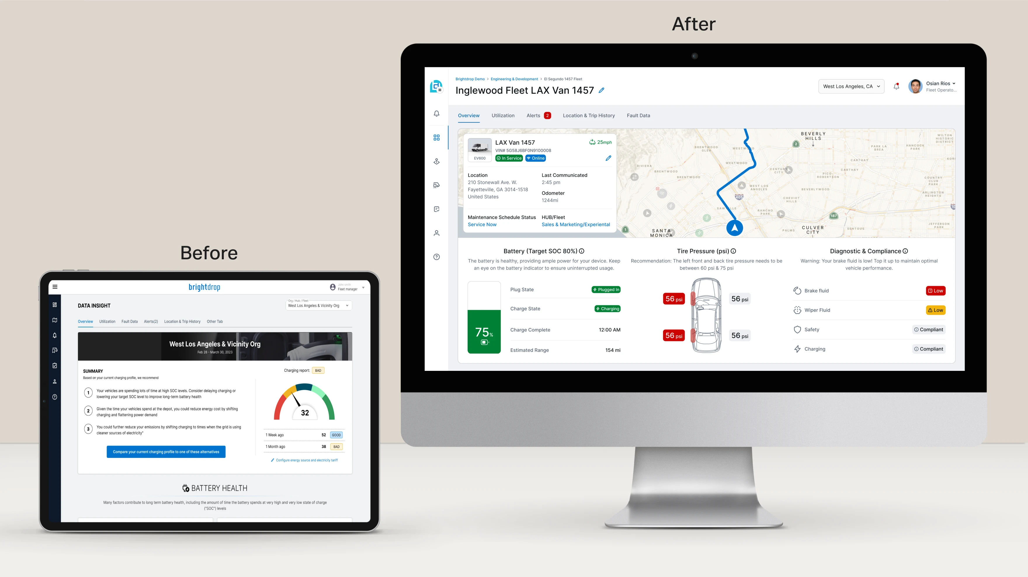 Tablet and computer screen depicting before and after of fleet management software