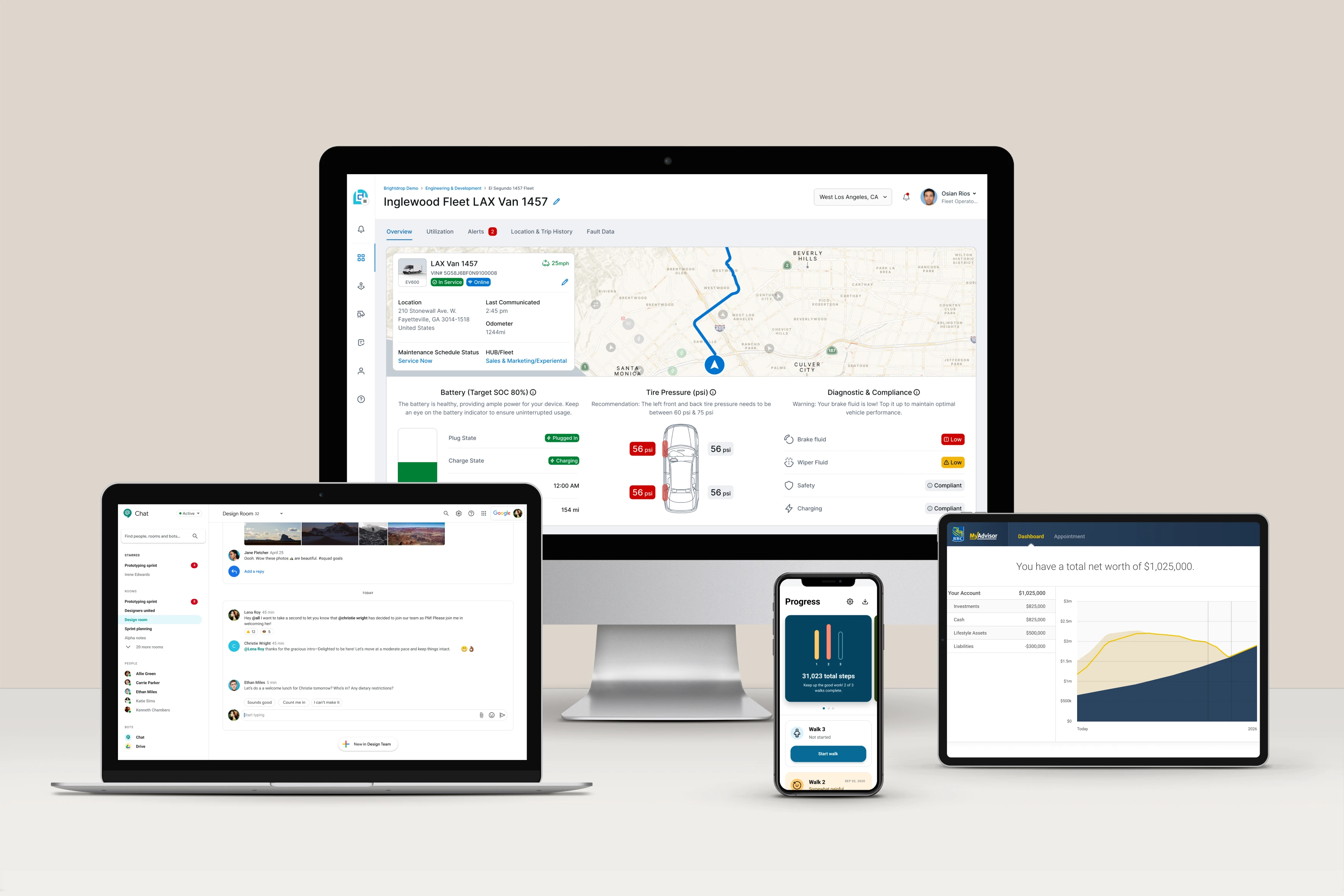 Computer monitor showing a financial dashboard with net worth and asset allocation, tablet displaying a Gmail chat interface, and smartphone with a pain location selection app highlighting a leg.
