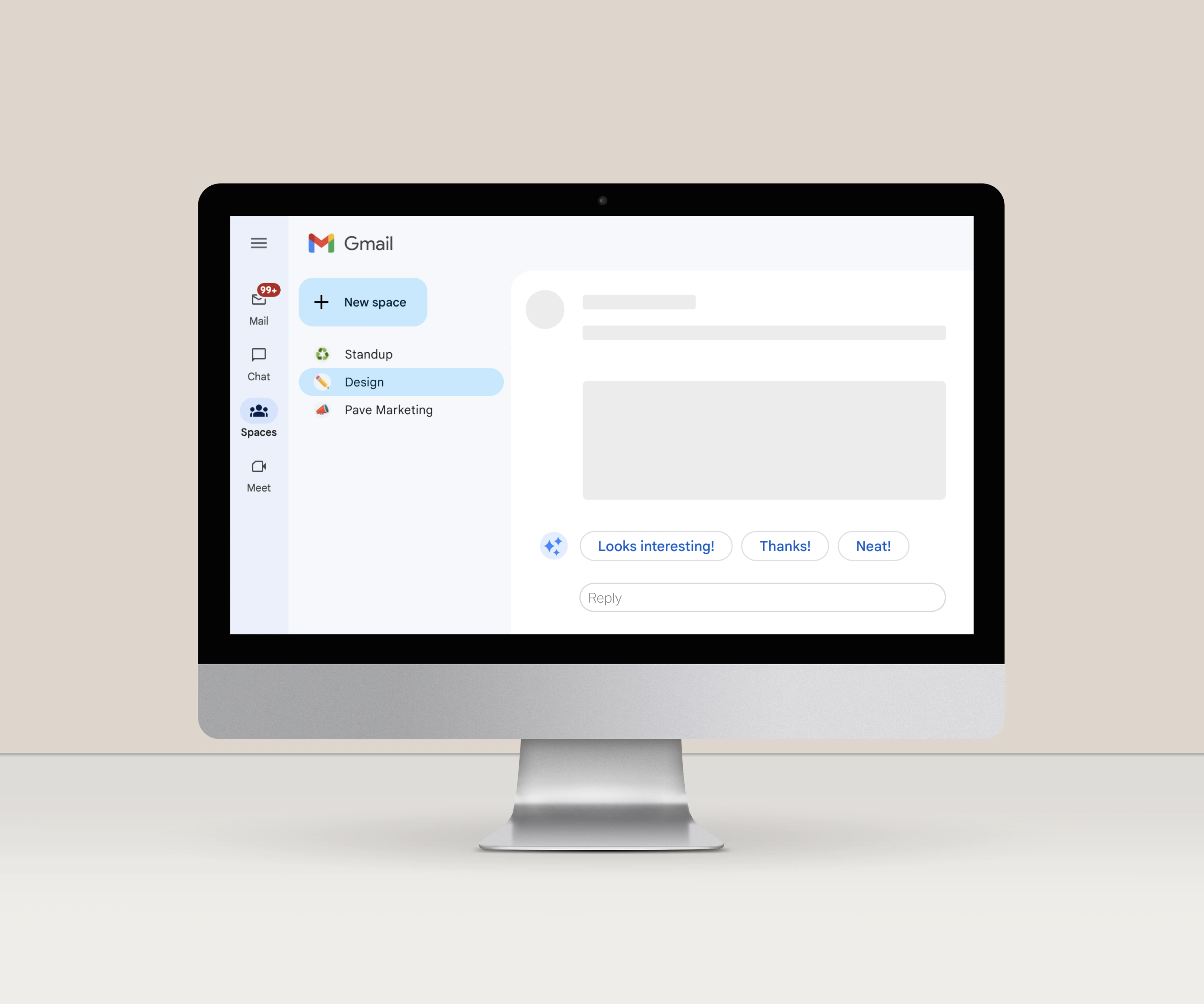 Computer monitor displaying Gmail interface with Spaces tab open, showing channels Standup, Design, and Pave Marketing, and message reply options.