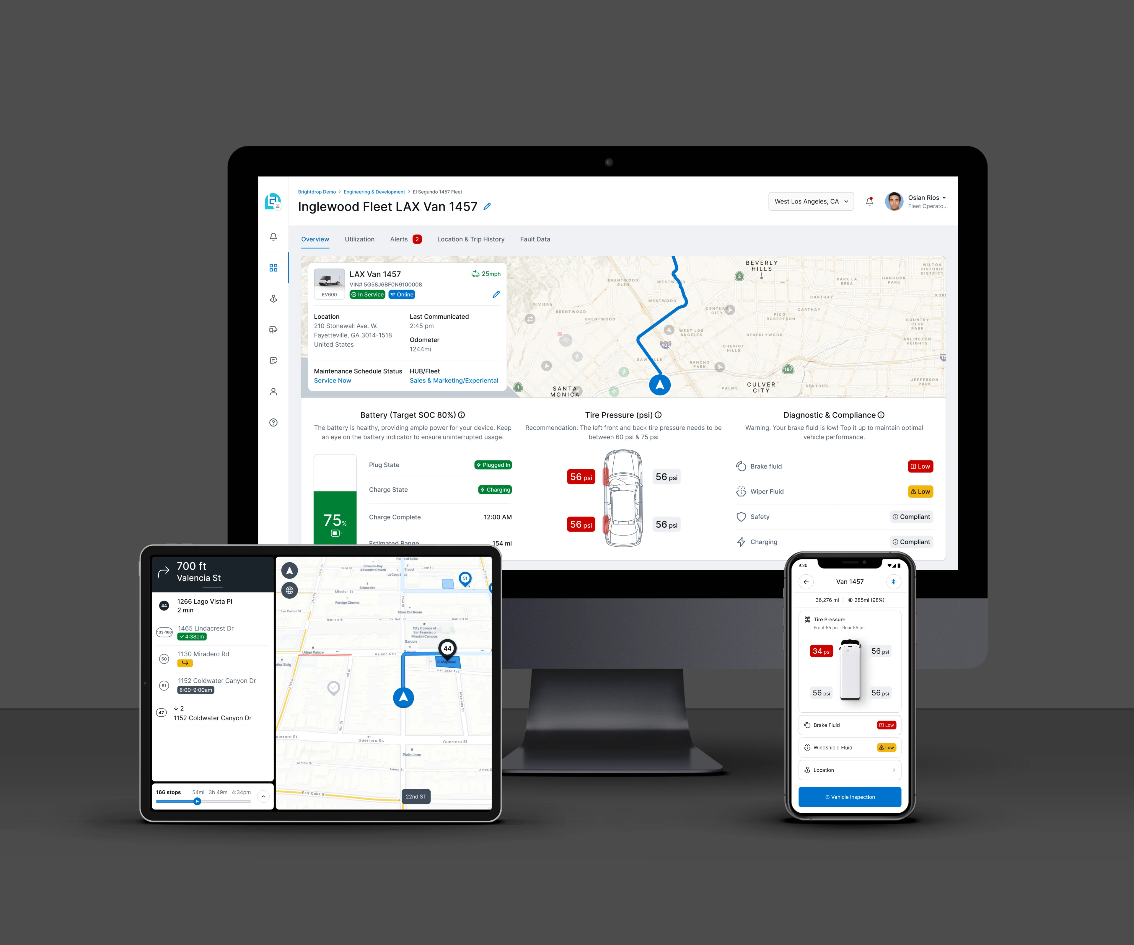 Fleet management dashboard displayed on a monitor, tablet, and smartphone showing vehicle location, tire pressure alerts, battery status, and navigation routes.