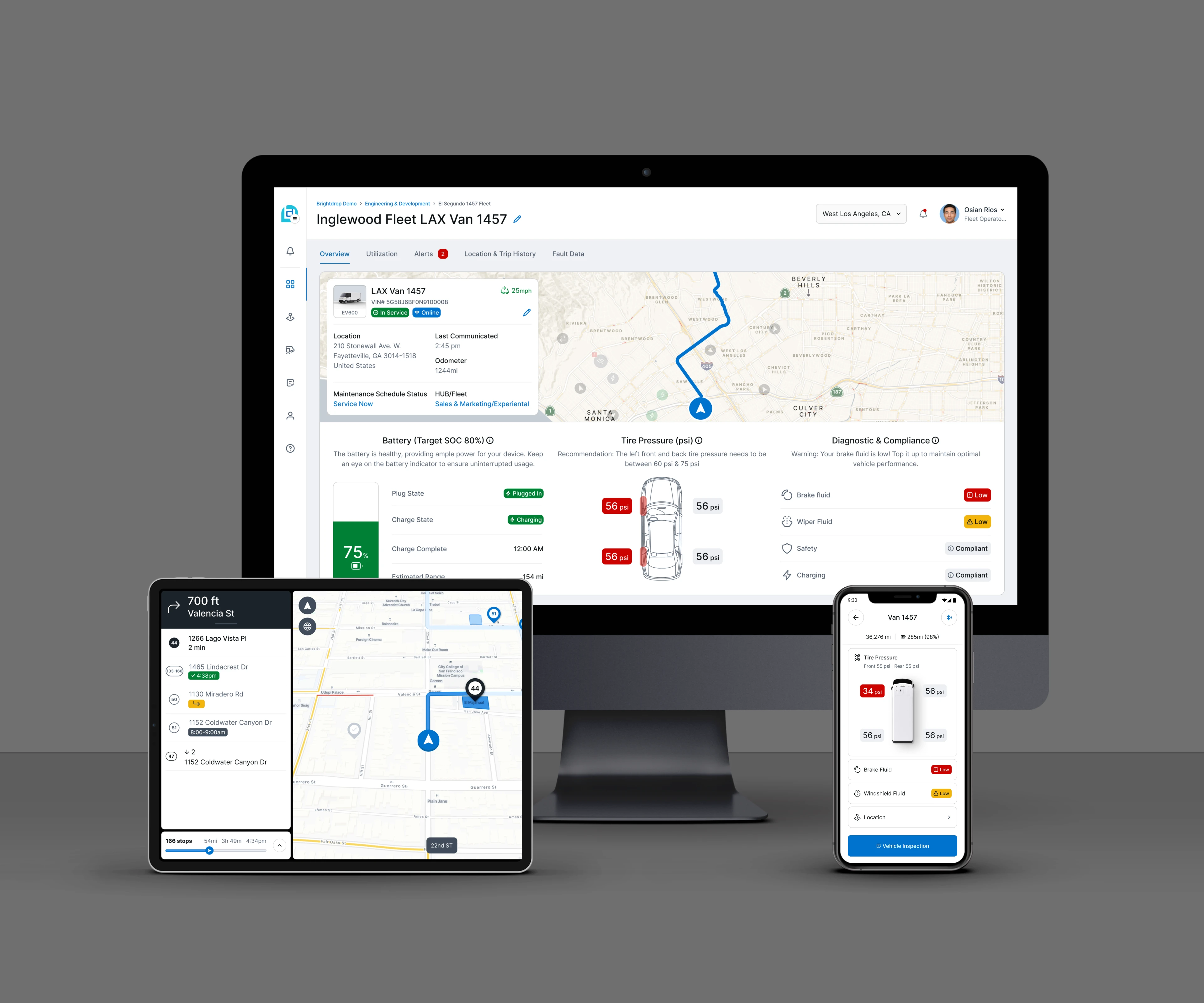 Fleet management dashboard displayed on a monitor, tablet, and smartphone showing vehicle location, tire pressure alerts, battery status, and navigation routes.