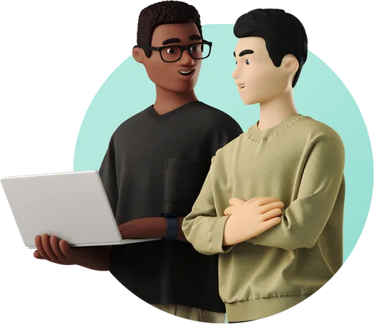 two young men talking about work