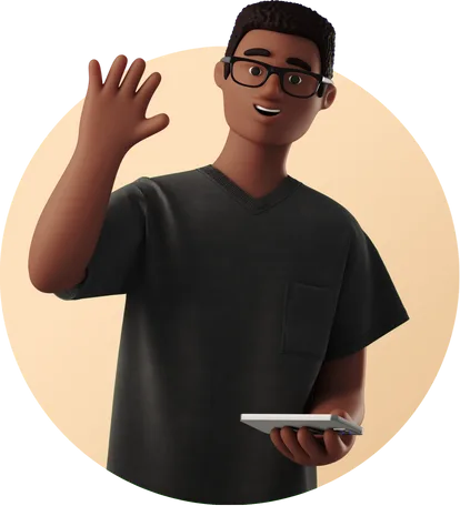 joyful man with phone waving his hand