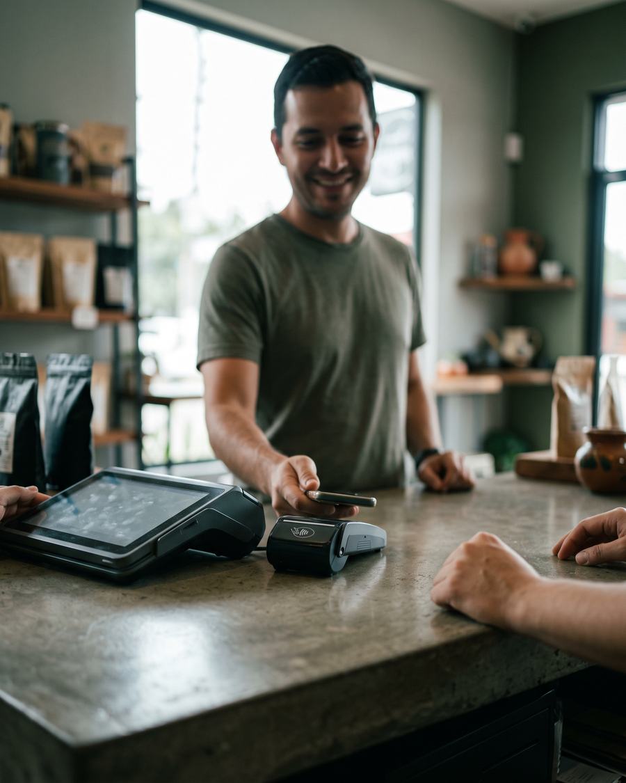 Cliente pagando con su celular en el mostrador de un comercio