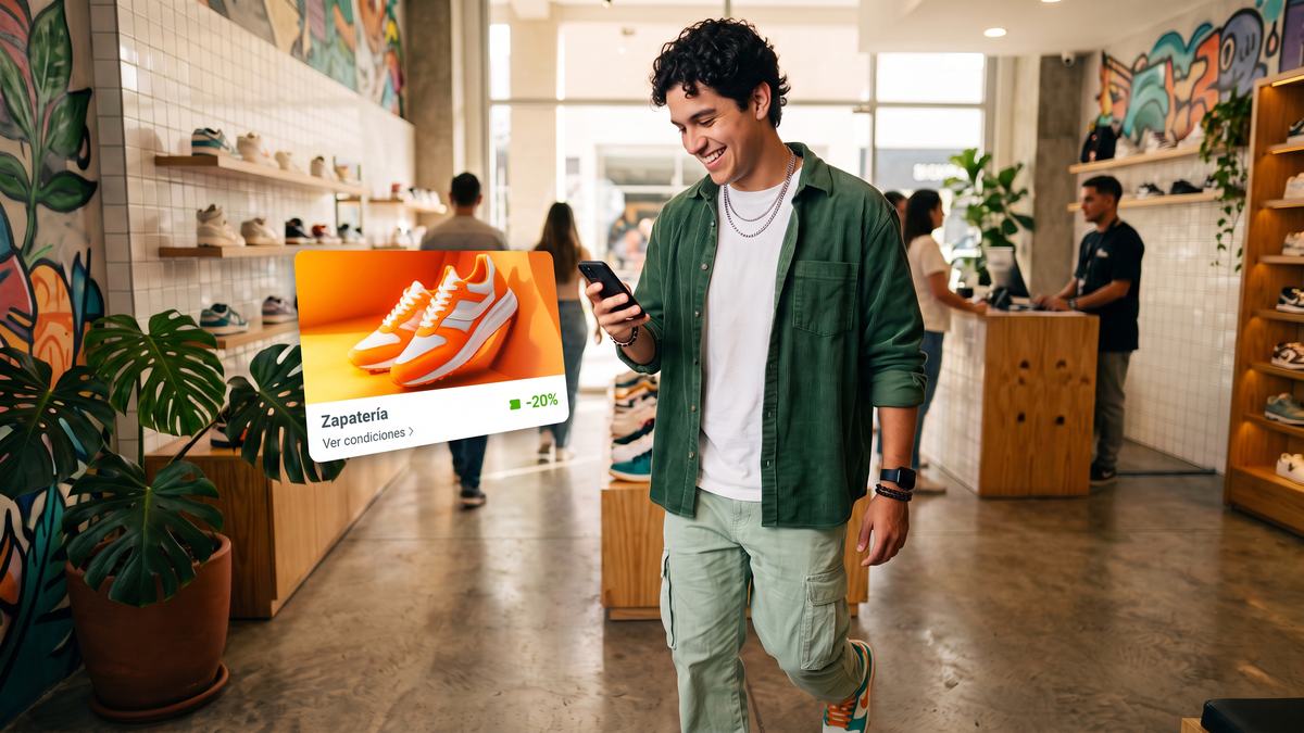 Cliente recibiendo una notificación de campaña con descuento en su celular dentro de una tienda