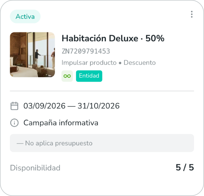 Tarjeta: campaña Habitación Deluxe 50% de descuento