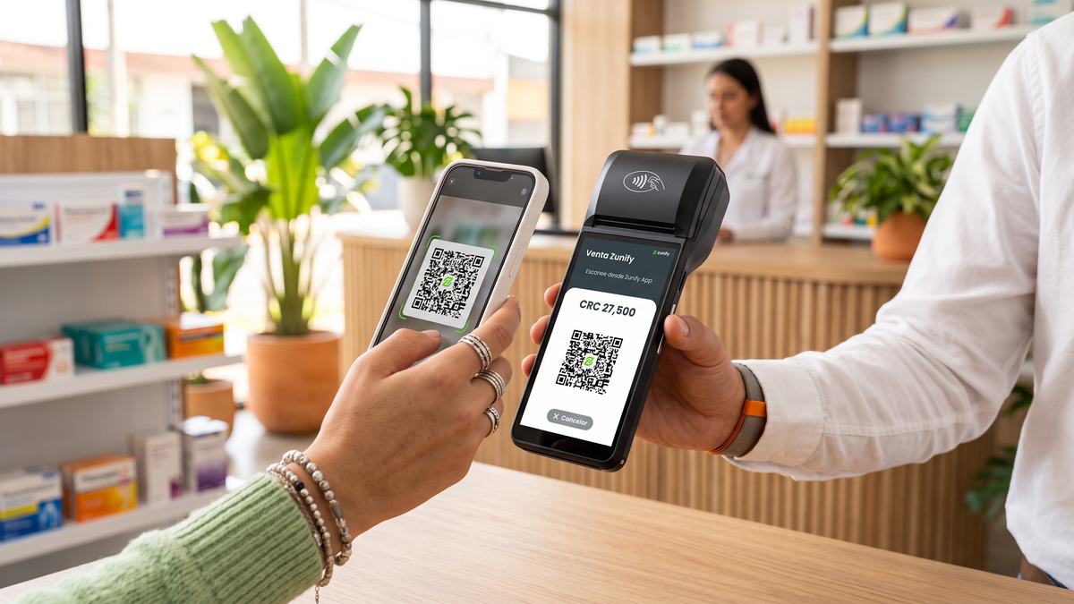 Cliente y cajero canjeando un descuento Zunify con código QR en el celular y la datáfono
