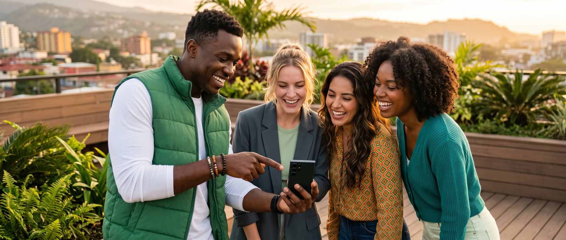 Grupo de amigos mirando juntos las promociones de un comercio en el celular