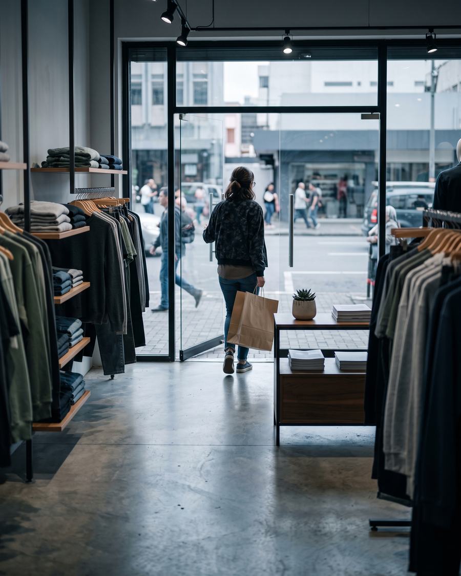 Clienta saliendo de la tienda con una compra en bolsa de papel
