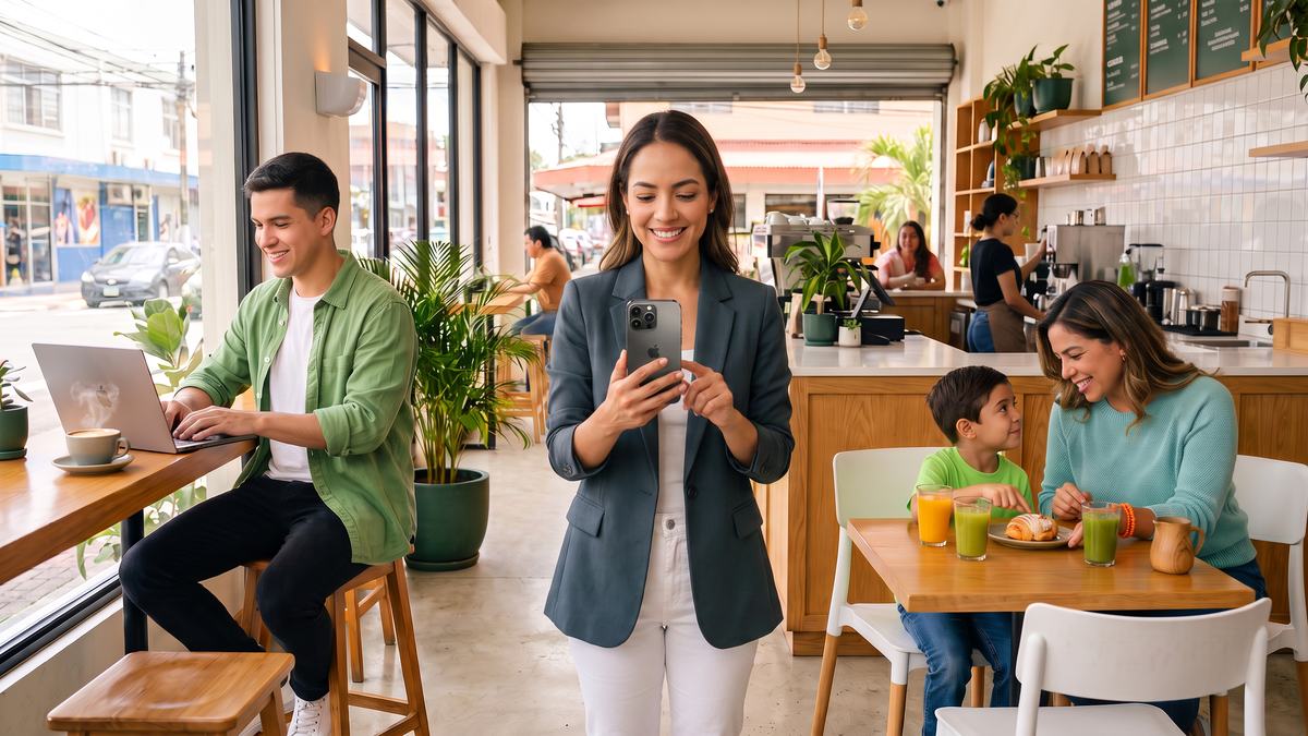 Distintos perfiles de clientes en un comercio: un joven con laptop, una profesional con celular y una familia desayunando