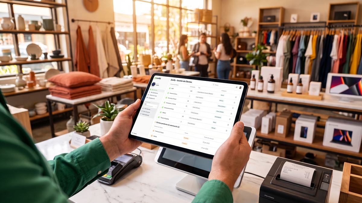 Comerciante revisando el dashboard de gestión de clientes de Zunify en una tablet dentro de su tienda
