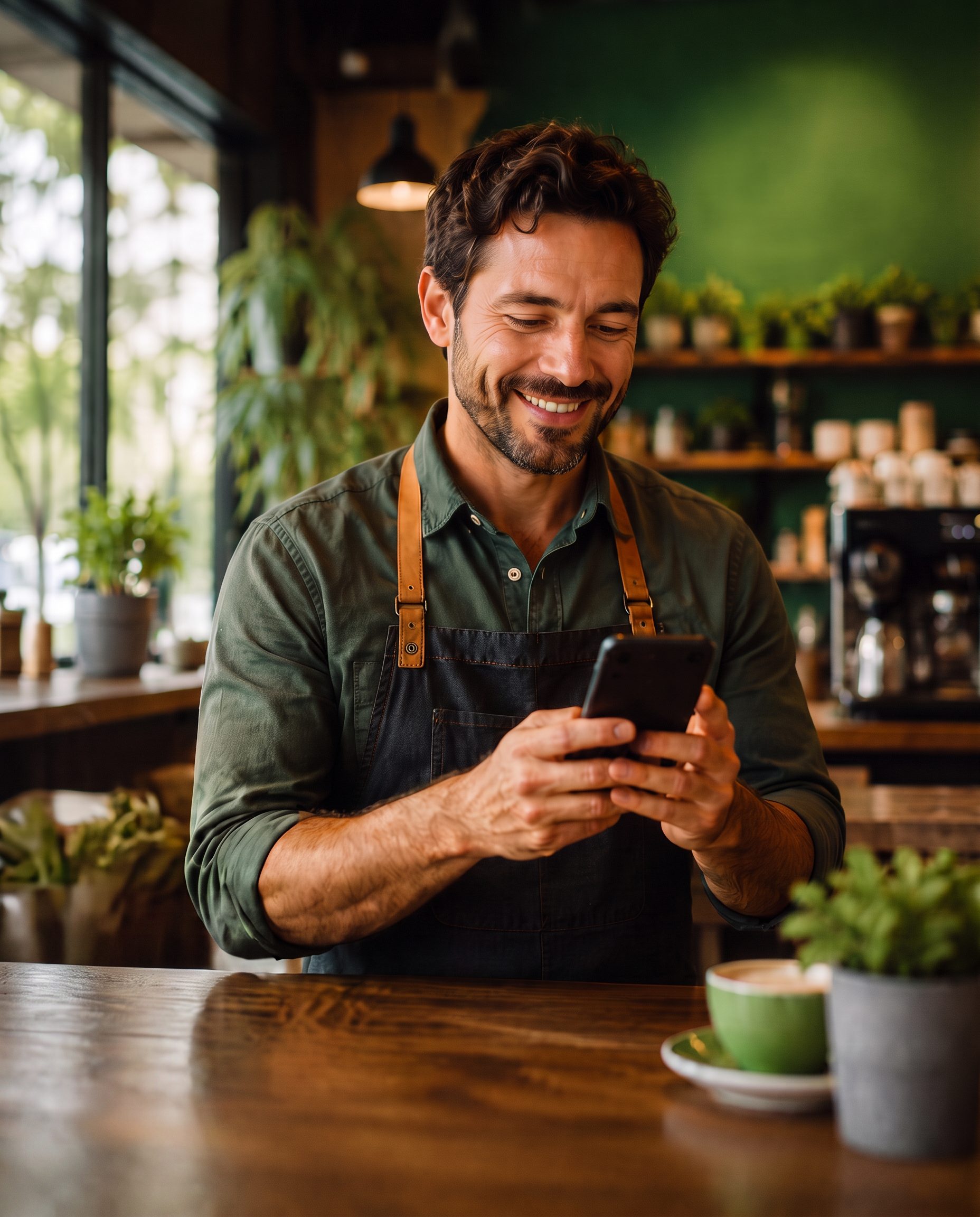 Comerciante sonriendo mientras gestiona sus campañas desde el celular