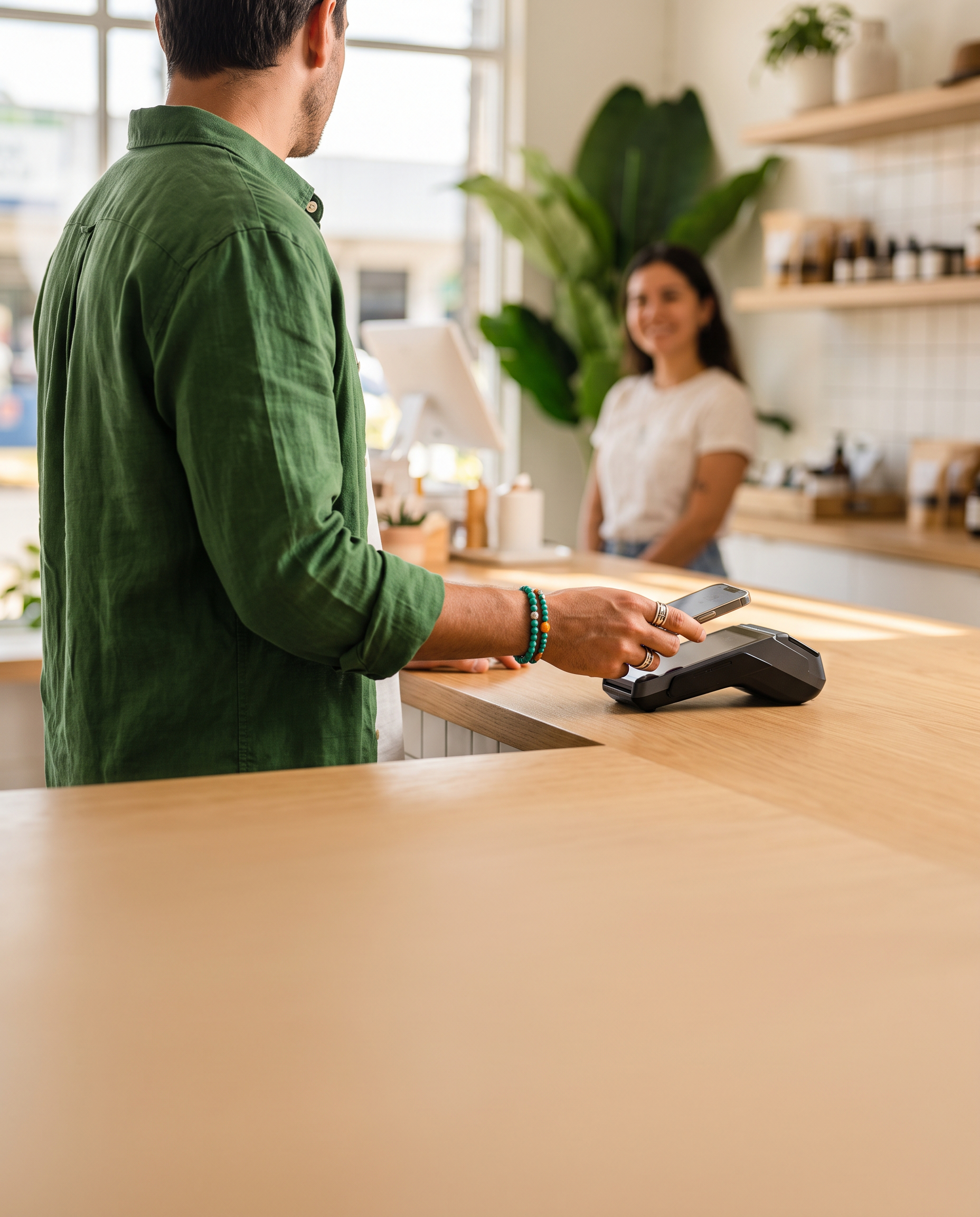 Cliente pagando con su celular en el mostrador de un comercio