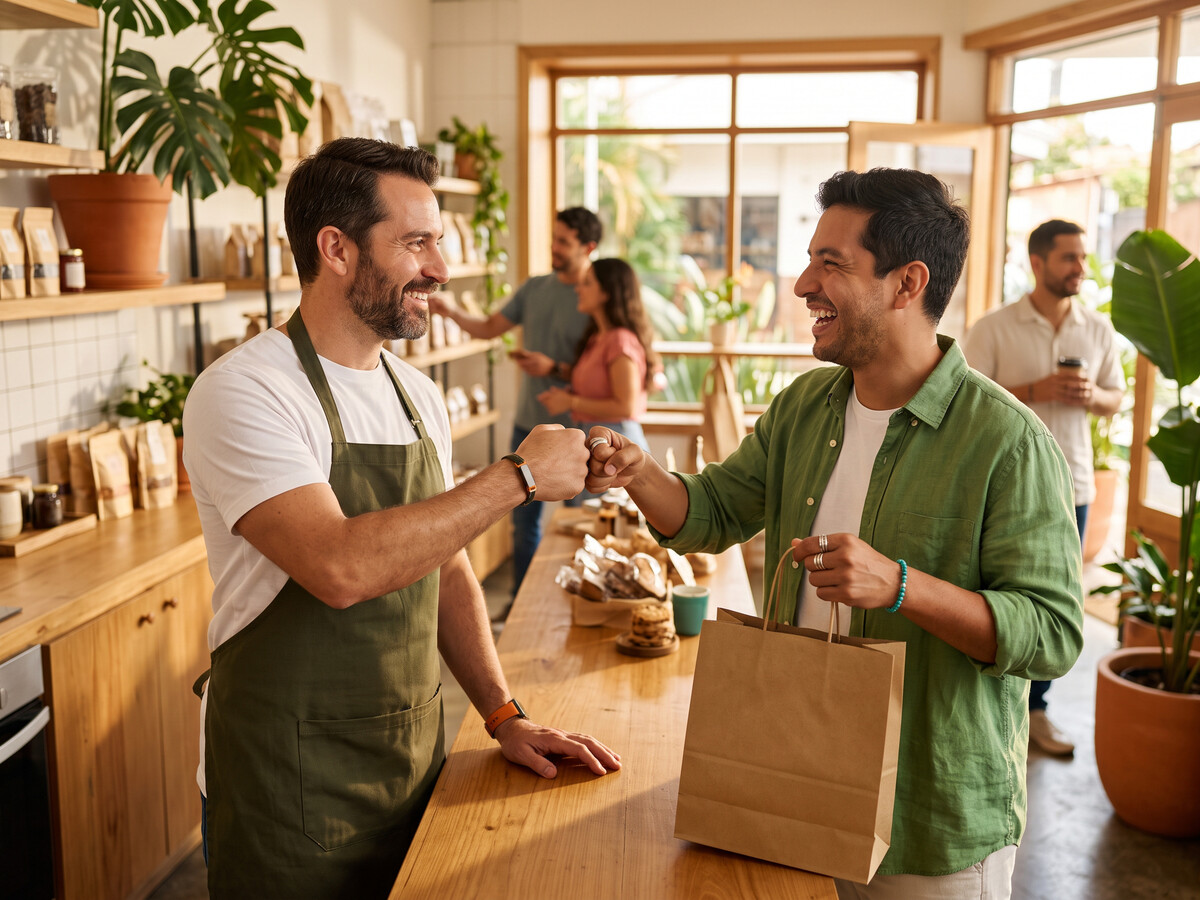 Comerciante y cliente chocando puños con complicidad en el mostrador de un local, cliente sosteniendo una bolsa de compra