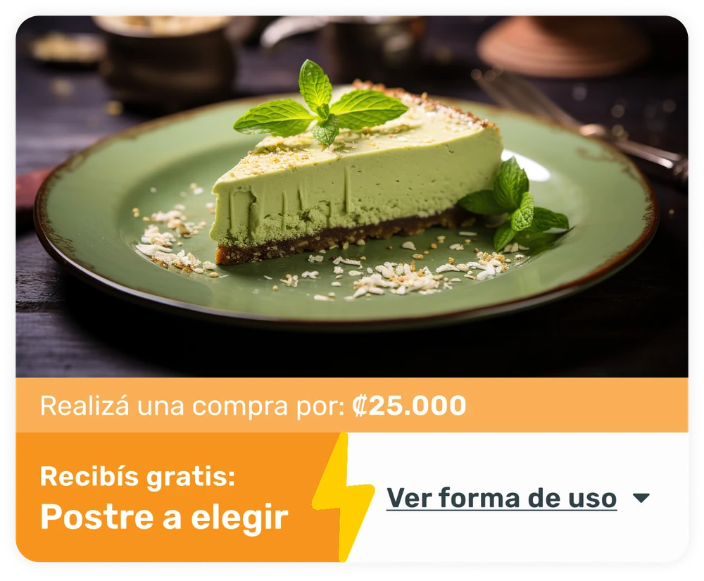 Card de beneficio de premio: realizá una compra por ₡25.000 y recibís gratis un postre a elegir