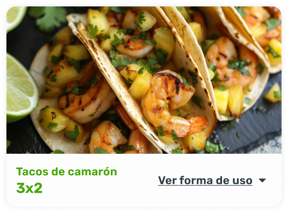 Card de beneficio de oferta: Tacos de camarón 3x2