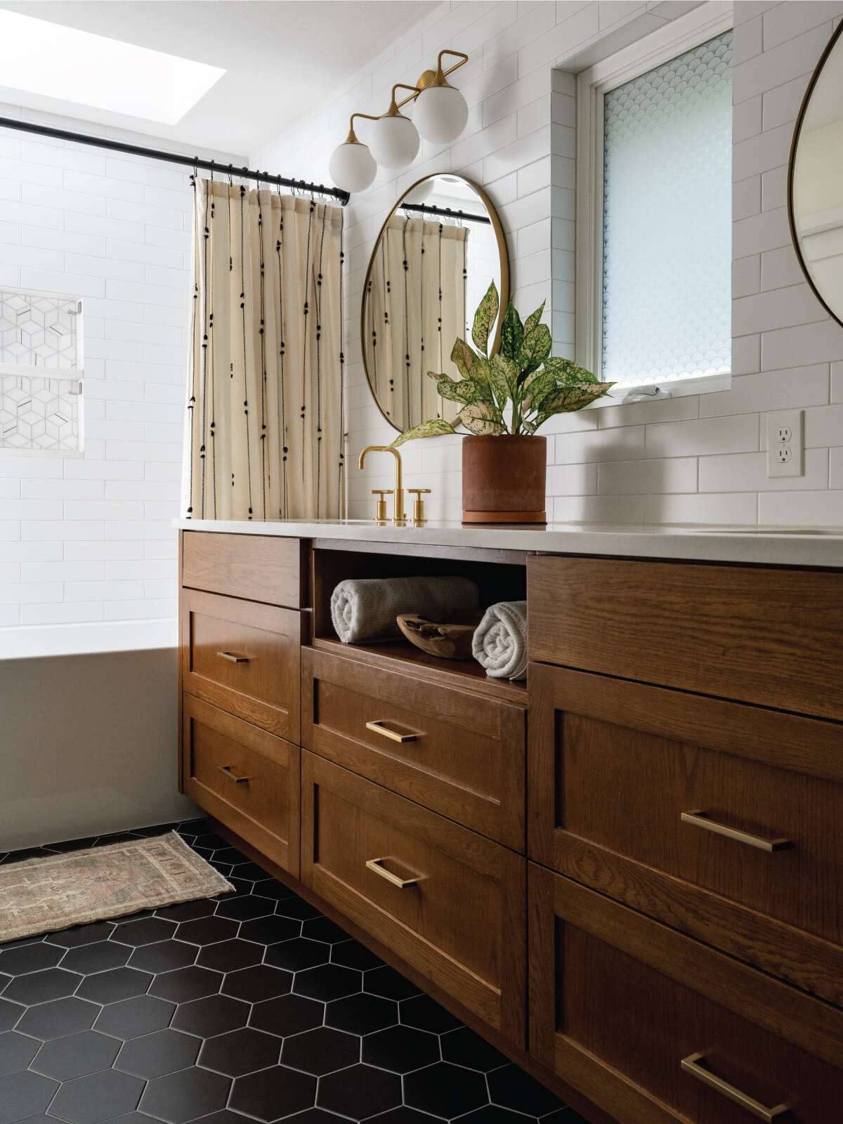 Modern Bathroom, Floating Vanity and Round Mirror