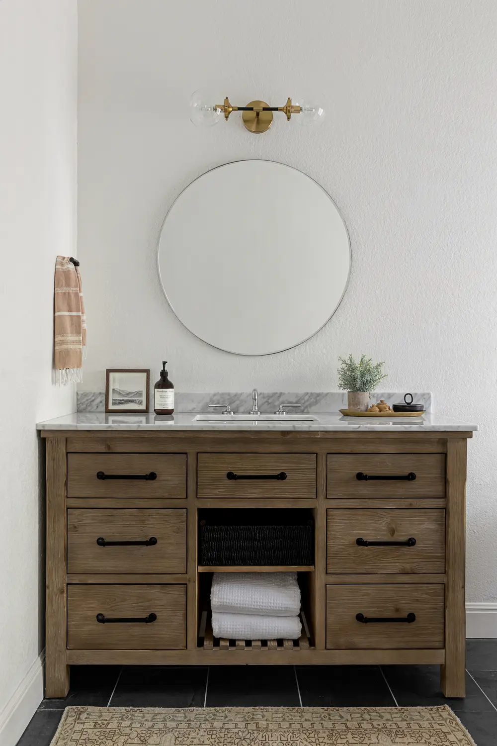 Vanity With Storage Drawers and Natural Wood Finish